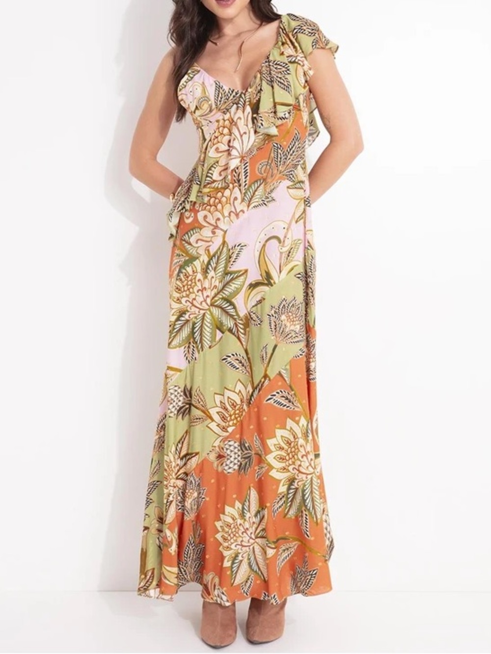 FARM Rio Floral Ruffle One-Shoulder Maxi Dress in Orange & Green
